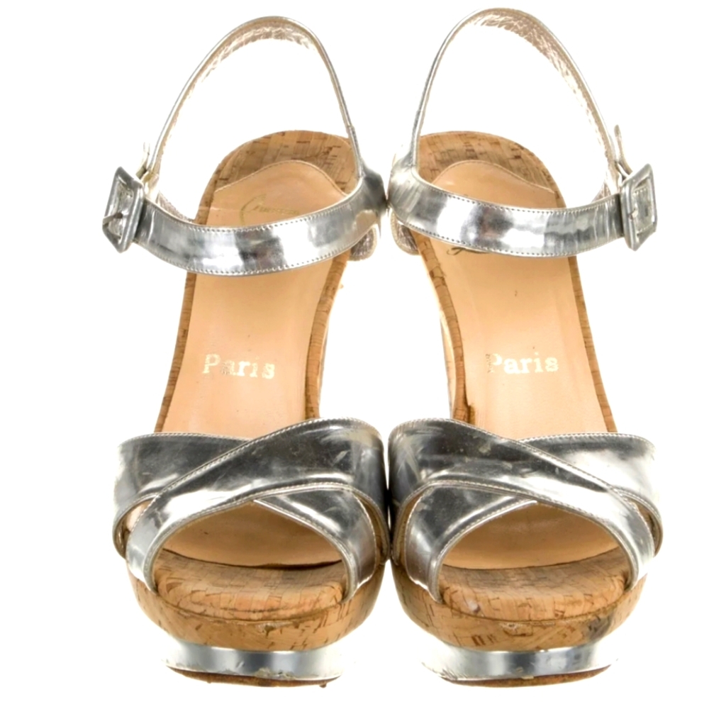 Christian Louboutin Silver & Cork Leather Platform Heels 7 - Picture 3 of 11